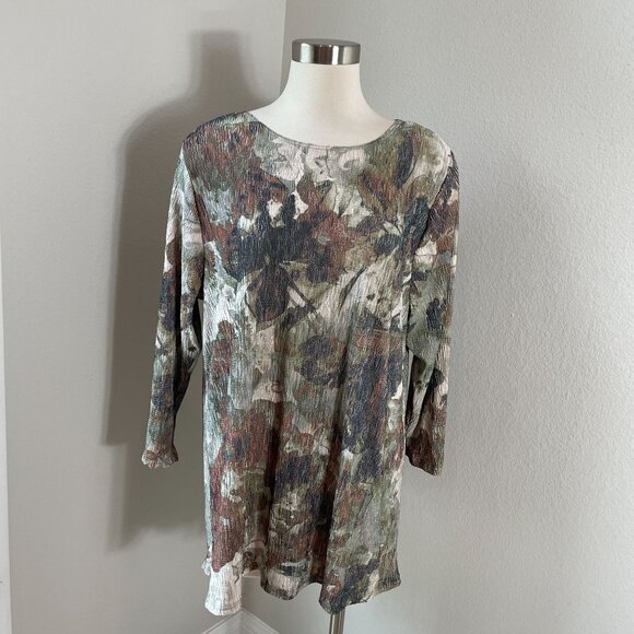 Coldwater Creek Womens Plus 3X Textured Crinkled Earth Tone Tunic Top 3/4 Sleeve - Picture 1 of 10